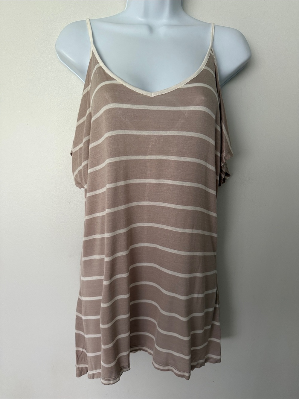Charlotte Russe Taupe and Cream Striped Cold-Shoulder Short Sleeve Top